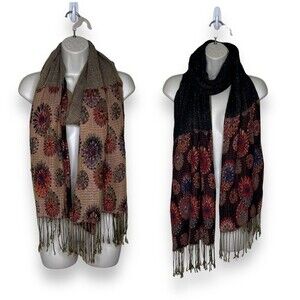 Scarf Fringe Floral Reversible Boho Tan Red Blue Green Shawl Wrap Long 80 x 24